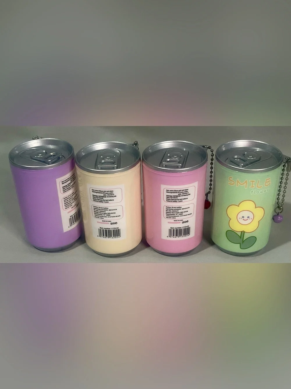 Smile Flower Keychain Can of Wipes- Pastel Purple, Cream, Pink, Green 4 Pack